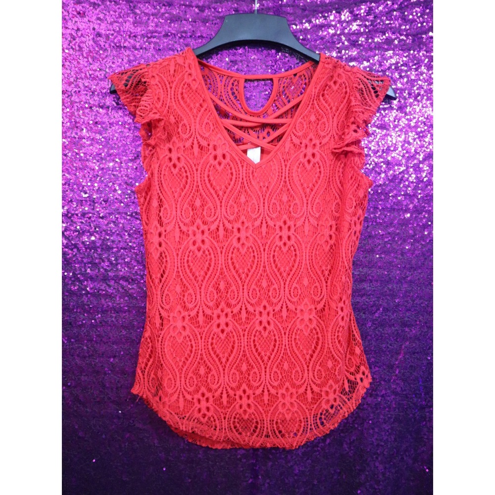 Red Lace Top Size M No Boundaries Women Strappy V-Neck Cap Sleeve NJ29T18S